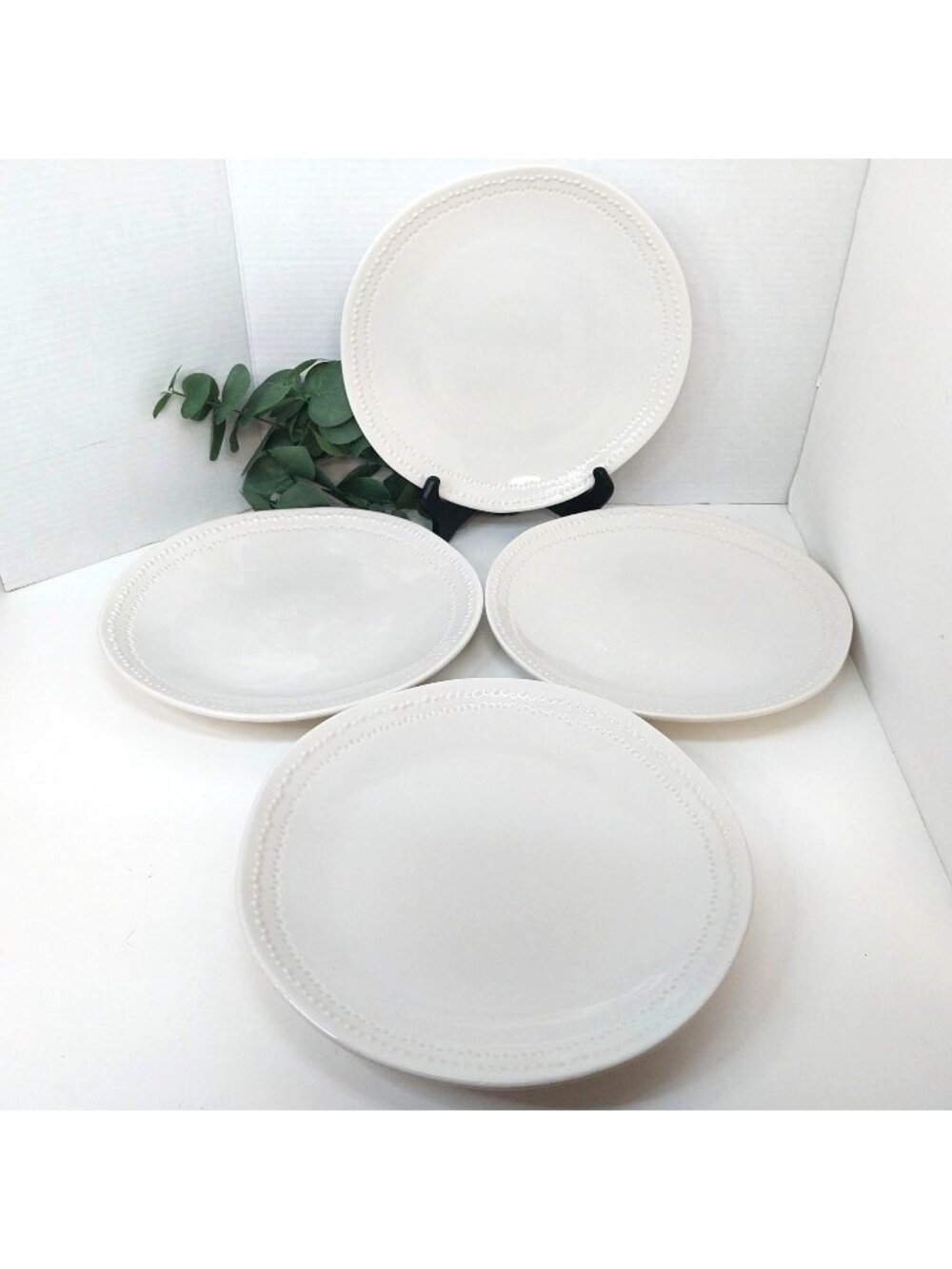 Park Designs Split-P White Beaded Stoneware 10.5 Dinner Plates Set Of 4